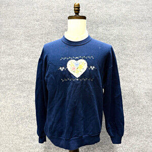 Vintage Top Stitch Morning Sun Navy Heart Floral Applique Sweatshirt Grandmacore